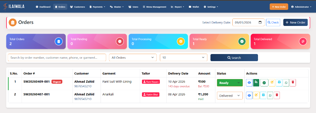 Silaiwala Mobile Orders View