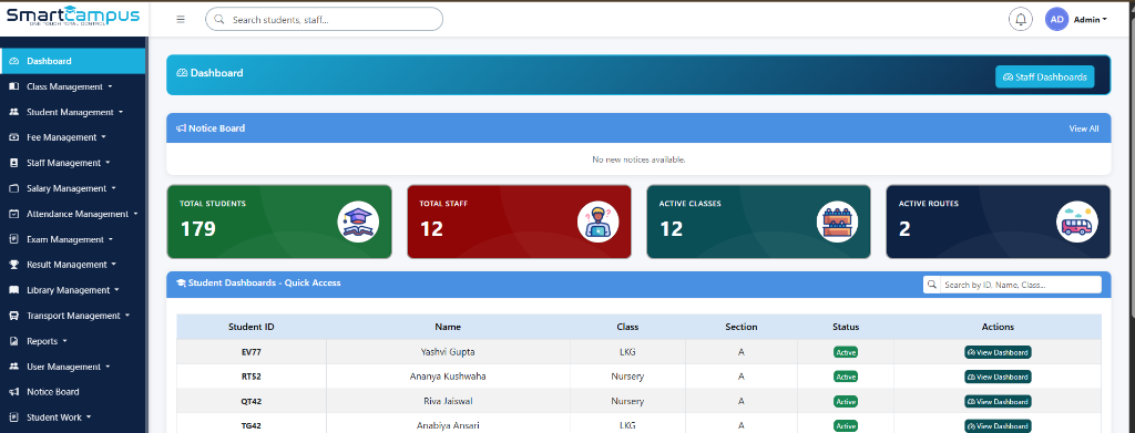SmartCampus School Management Web Dashboard